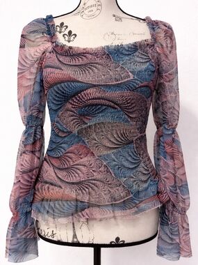 Ruched Sheer Square-Neck Blouse in Blush and Blue